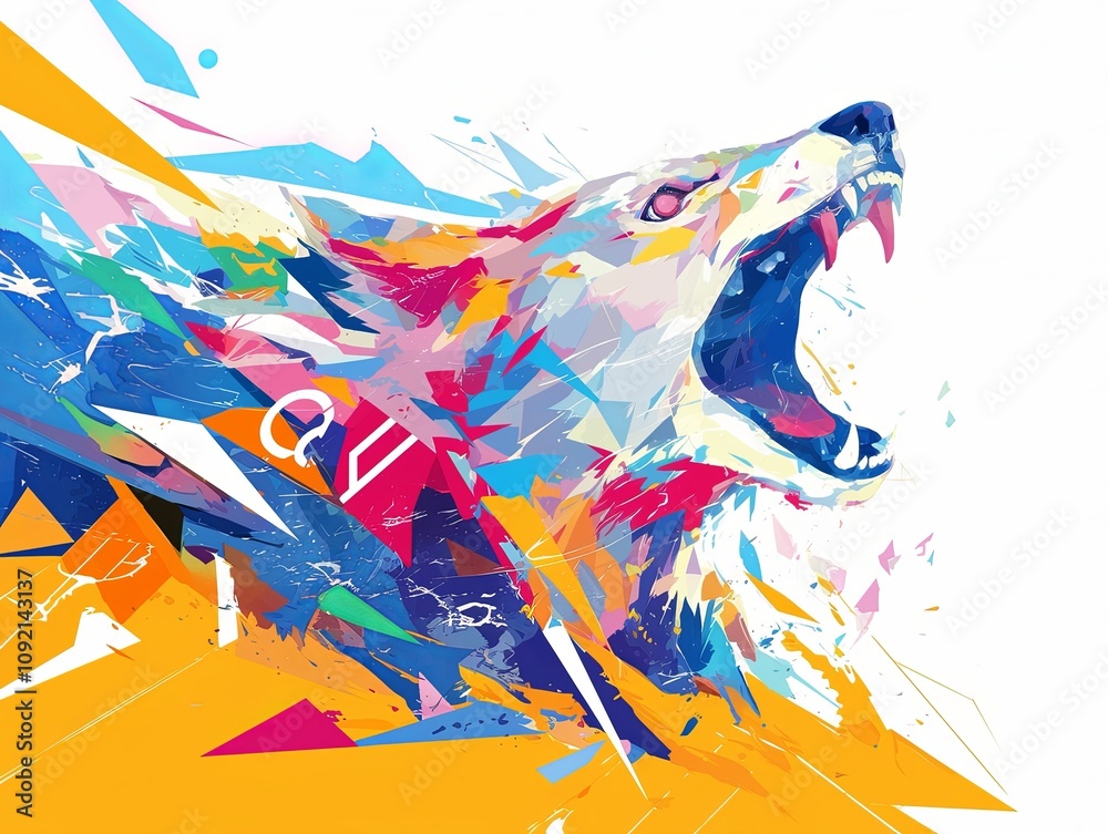 Obraz premium Abstract colorful wolf head roaring, vibrant geometric shapes.