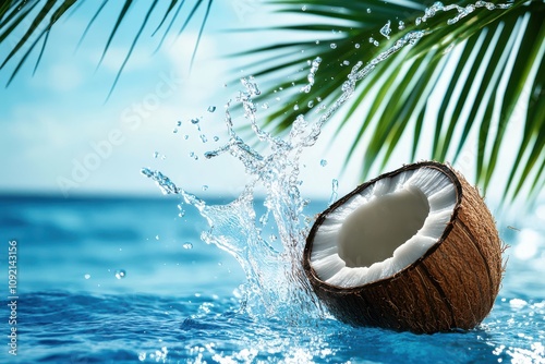 Tropical Coconut Water Explosion on a blurry background with sea and palm trees