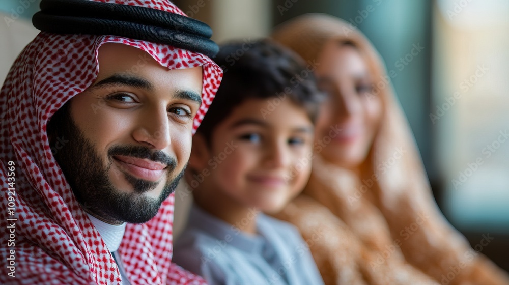 Fototapeta premium Arab family watching a streaming service on a smart TV