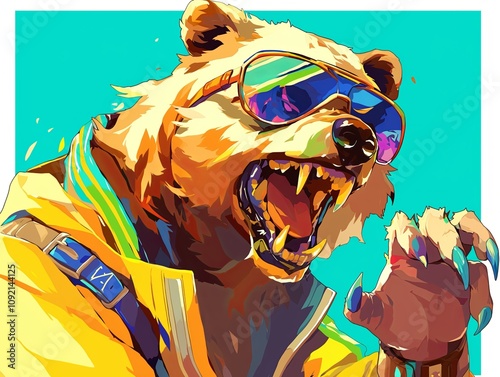 Angry bear in sunglasses and yellow jacket, vibrant pop art style illustration.
