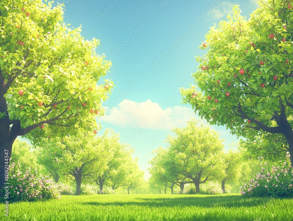 Obraz premium Lush orchard scene with vibrant trees and bright sky.
