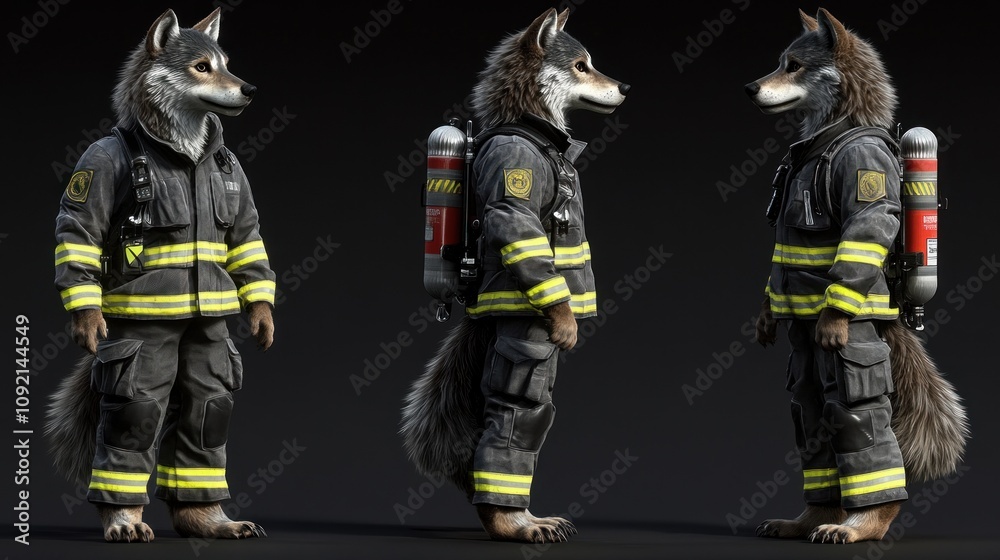 A stylized wolf character in firefighter gear, showcasing a heroic design for animation or gaming. A stylized wolf character in firefighter gear, showcasing a heroic design for animation or gaming.