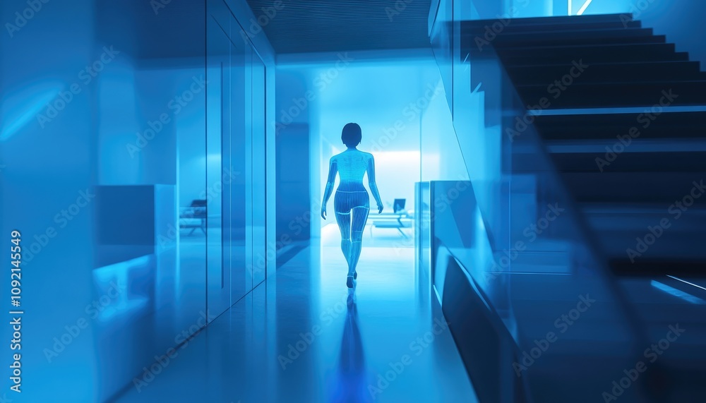 Digital Avatar Walks Through Modern Building, Futuristic Interior Design, Clean Lines, Blue Lighting, Abstract Architecture, Smooth Surfaces, Sleek Design, Digital Avatar Walks Through Modern Building, Futuristic Interior Design, Clean Lines, Blue Lighting, Abstract Architecture, Smooth Surfaces, Sleek Design,