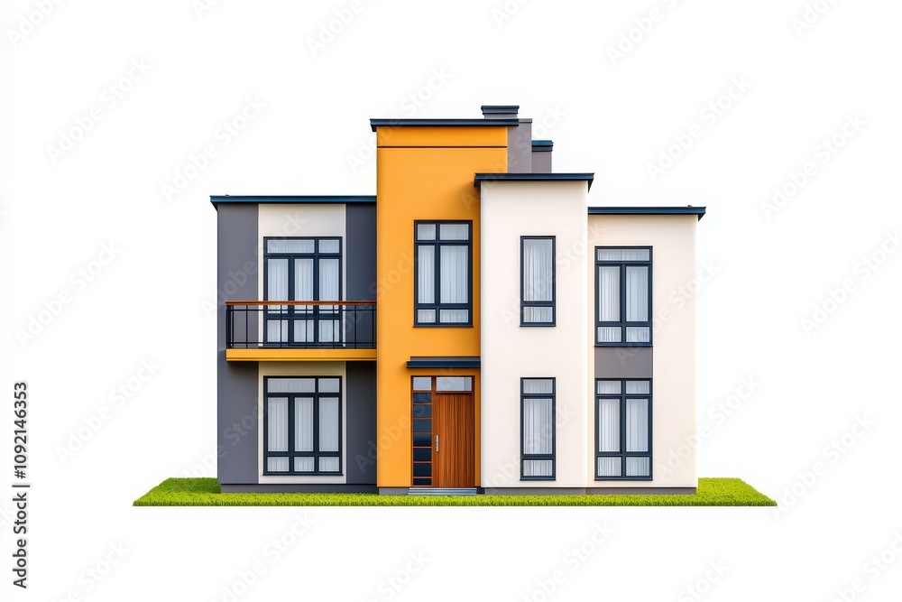 Modern Two-Story House Featuring a Stylish Gray and Orange Facade with Large Windows and a Welcoming Front Door Set Against a Clean Lawn Background Modern Two-Story House Featuring a Stylish Gray and Orange Facade with Large Windows and a Welcoming Front Door Set Against a Clean Lawn Background