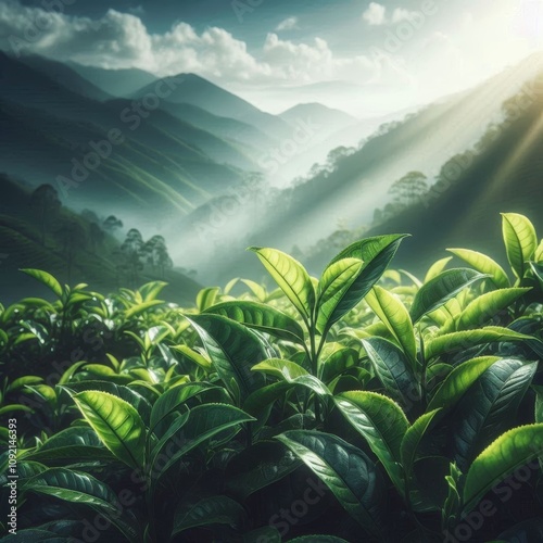 Fresh green leaves of Indian tea on the bush. photo