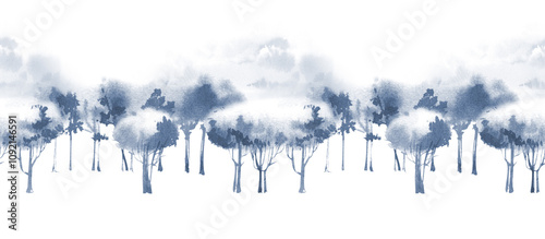 Trees, seamless monochrome pattern. Watercolor illustration. Silhouettes of snow-covered deciduous trees. Winter landscape. Abstract forest ornament. Horizontal banner. For textile, packaging