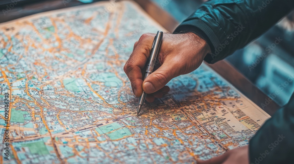 Naklejka premium A man's hand tracing a route on a city map with a pen.