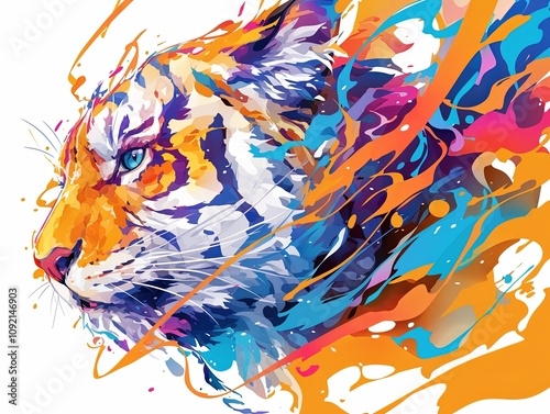 Colorful tiger head profile in vibrant paint splash. photo