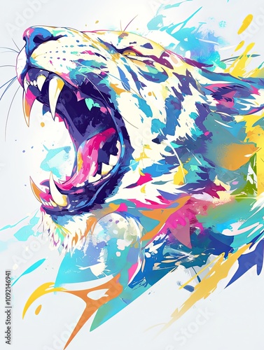 Colorful tiger head roaring, vibrant watercolor splash art.