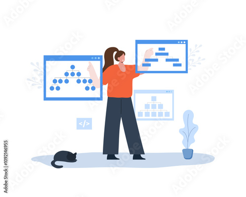 Sitemap Creation concept. Website SEO management. Female Developer organizes site structure. Search optimization. Flowchart UI UX. Vector illustration in flat cartoon style.