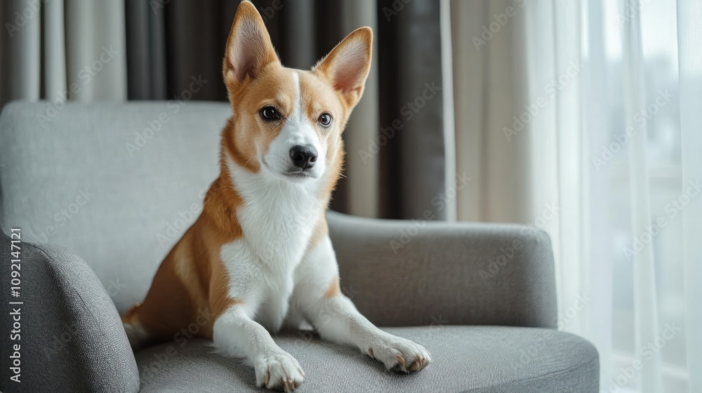 A corgi sitting elegantly on a gray chair in a well-lit room. A corgi sitting elegantly on a gray chair in a well-lit room.