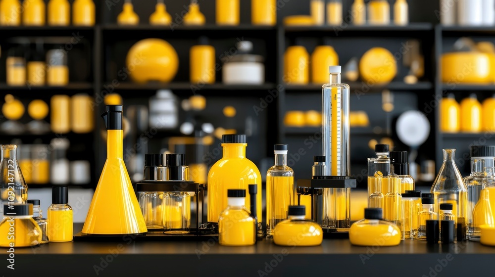Fototapeta premium Yellow Chemistry Lab Equipment and Bottles on Black Shelves