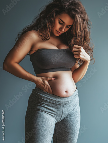 an overweight woman, trying to lose weight, pinching her extra belly skin. Fat woman touching overweighted belly with hands wearing workout legging. Visceral fat. Body positive and accepting yourself