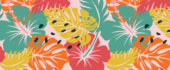 Acrylglasbilder Muster Tropische Blätter mit Sommerblumen Muster  © Ferdi Vector