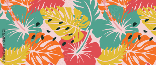 tropical leaf and hand drawn summer flowers seamles pattern background
