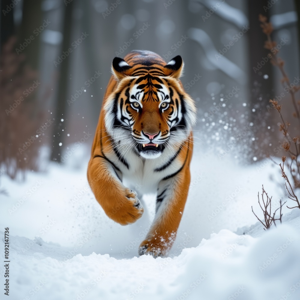 Obraz premium Majestic Tiger Charging Through the Snow