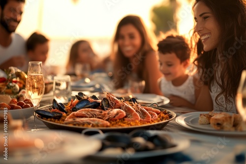 A festive outdoor dinner featuring seafood paella and joyful people enjoying a meal together.
