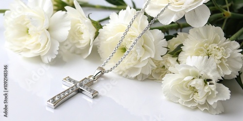 Wallpaper Mural Dainty silver cross necklace surrounded by white carnations, subtle charm, elegant simplicity, dainty chain, understated elegance, feminine accessories Torontodigital.ca