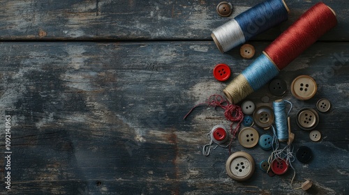 A collection of colorful threads and buttons on a rustic wooden surface. photo