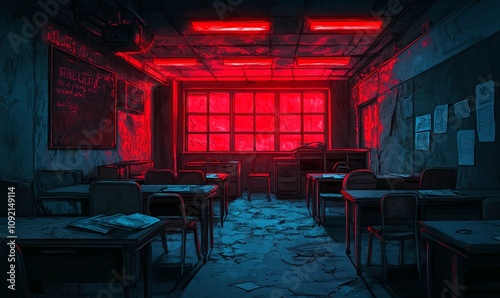 Eerie, red-lit abandoned classroom with tattered desks, papers, and a cracked window.