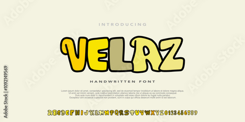 Alphabet Original Handwritten Bold Font,comic cartoon style typeface, Uppercase and Number, yellow element color. Vector illustration