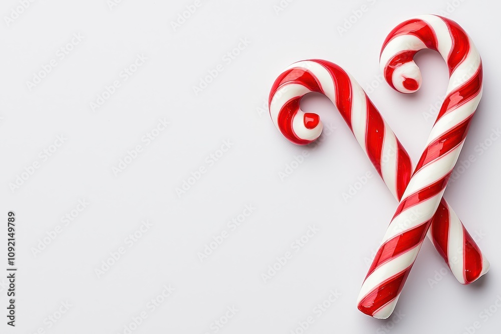 Obraz premium Two Red and White Candy Canes Crossed on a Light Background, Perfect for Christmas Celebrations, Holiday Treats, and Festive Decorations