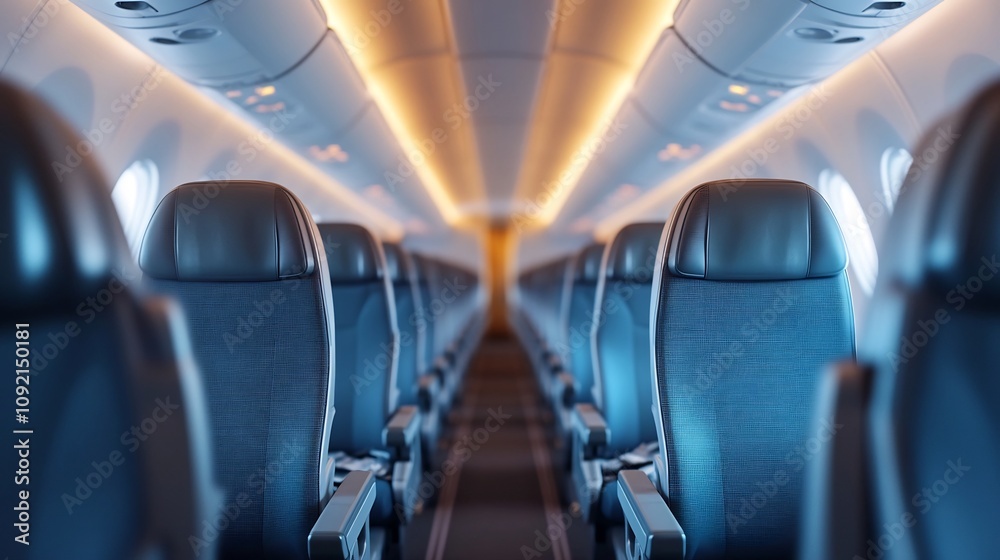 Serene and Symmetric Airplane Interior with Sleek Lighting and Empty Rows Serene and Symmetric Airplane Interior with Sleek Lighting and Empty Rows