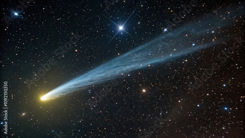 Astronomical photograph of an icy blue whale-shaped comet in orbit around a yellow dwarf star, comet, planetary system, comet tail, galaxy photo