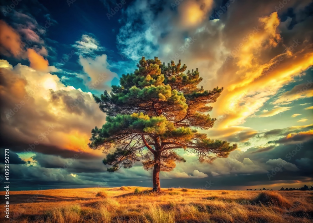 Obraz premium Captivating Vintage Style Photograph of a Lonely Pine Tree Silhouetted Against a Dramatic Sky, Evoking a Sense of Solitude and Natural Beauty in a Timeless Landscape