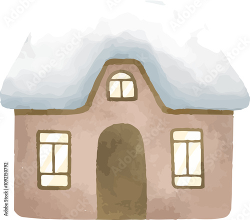 clip art illustration of snowy winter house cottage and wooden fence sign for background decoration