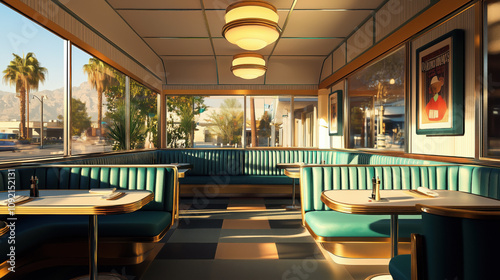 Diner Restaurant Interior view in California in art deco diner design style. 1960s Palm springs diner restaurant booth seating design