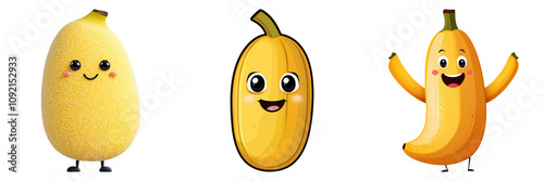 banana clipart concept. Three cheerful, cartoon-style yellow fruits with smiling faces, showcasing playful expressions and vibrant colors. white background 