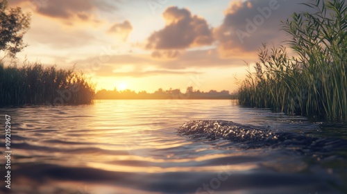 A calm river at sunset, with ripples from a fish jumping.
