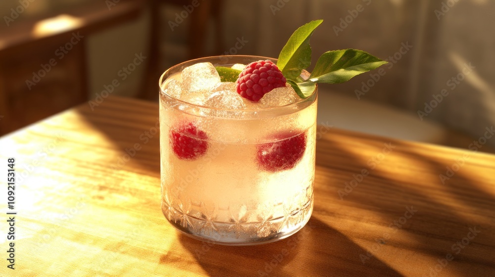 A refreshing cocktail with raspberries and ice in a glass on a wooden table. A refreshing cocktail with raspberries and ice in a glass on a wooden table.