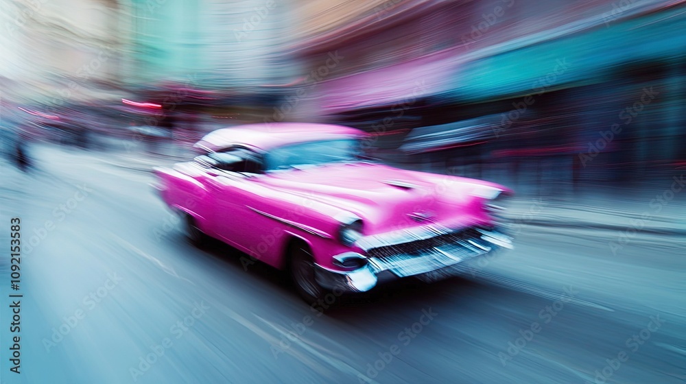 Naklejka premium Pink retro car on the street of Havana, Cuba, shot with panning 