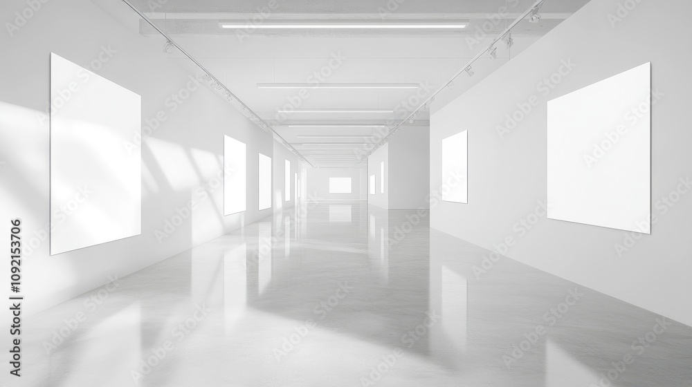 Fototapeta premium Empty Gallery: White Walls, Sunlight, Blank Canvases, Minimalist Interior Design, Modern Art Space, Architectural Design, Clean Lines, Gallery Space, Interior Photography, Contemporary Architecture, 