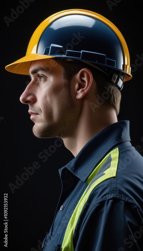 Detailed side profile of a serious construction worker in a yellow hard hat and navy workwear, positioned against a dark background, representing industrial safety.