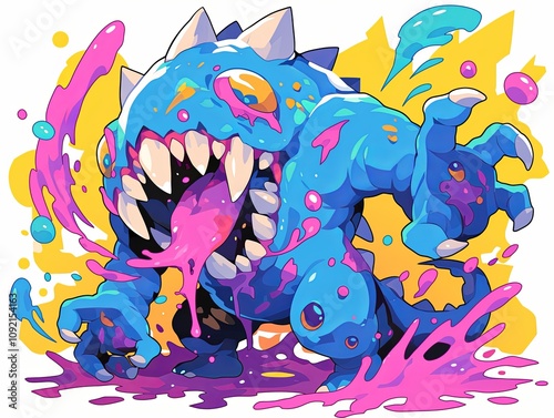 Playful, vibrant cartoon monster with dripping paint, sharp teeth, and claws.