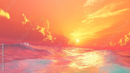 A vibrant sunset over the ocean with waves crashing on the shore.