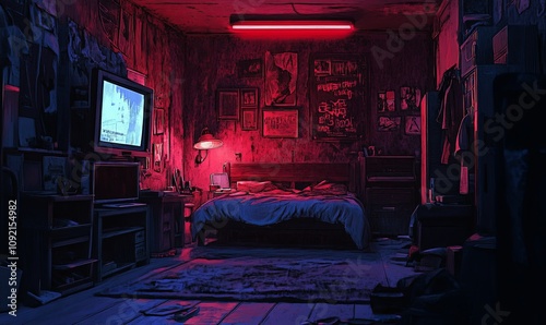 Red-lit grunge bedroom interior; messy bed, TV, posters, and dim lighting create a moody atmosphere.