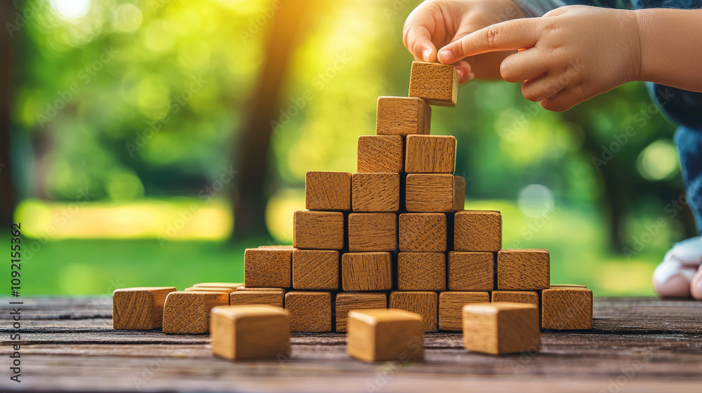 Building with wooden blocks in sunny outdoor setting Building with wooden blocks in sunny outdoor setting