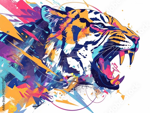 Roaring tiger head in vibrant, abstract style. photo