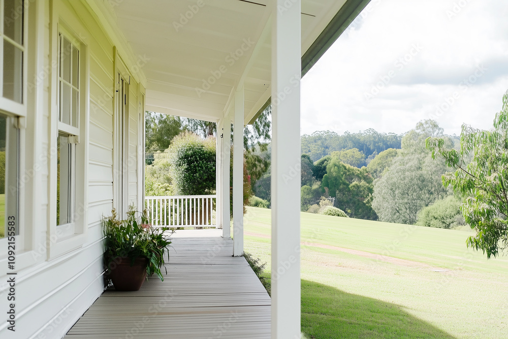 Fototapeta premium Sunny porch with lush greenery and rolling hills view on bright morning