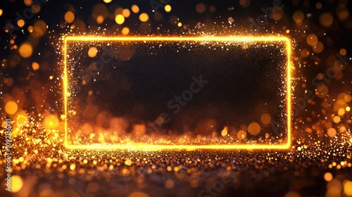 Rectangular frame glowing with golden light particles on black background with copy space for text
