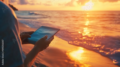 Woman holding tablet on the beach at sunset, view of the water with the sunset reflecting off the waves.
