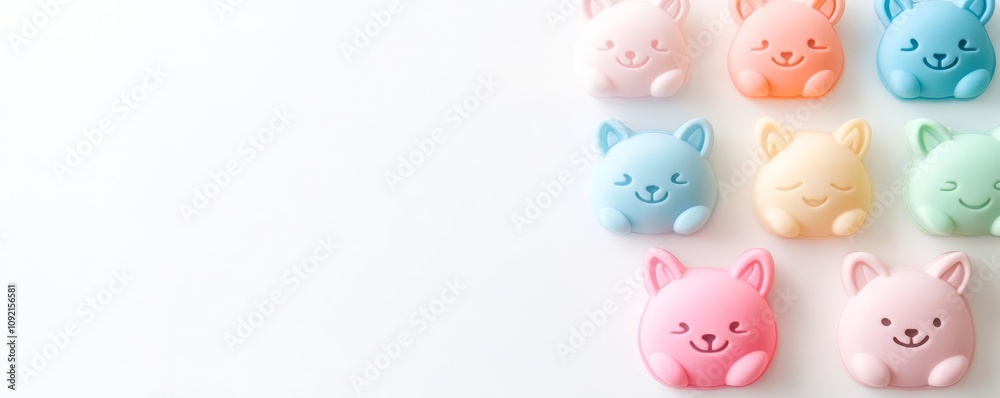 Erasers in pastel colors shaped like animals, fun and whimsical, white background Erasers in pastel colors shaped like animals, fun and whimsical, white background