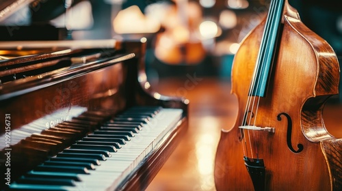 Grand Piano and Double Bass in Concert Hall