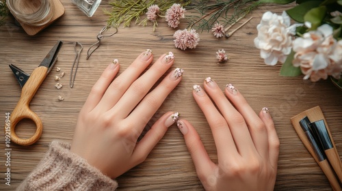 Aesthetic shot of hands with glossy nail enhancements featuring intricate floral designs, surrounded by crafting tools