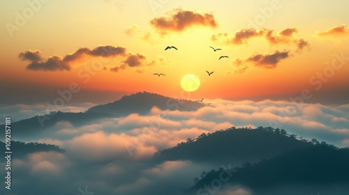A breathtaking sunrise over a sea of clouds, casting a warm golden glow on the forested mountain peaks, with birds flying in formation above.