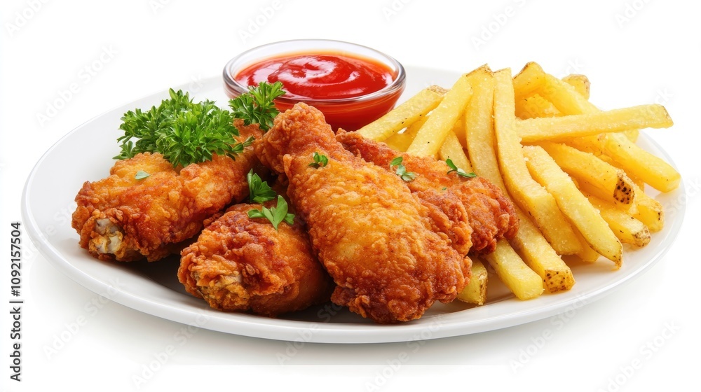 Perfectly Fried Chicken Tenders with Fries and Ketchup on White Plate for Food Advertising Perfectly Fried Chicken Tenders with Fries and Ketchup on White Plate for Food Advertising